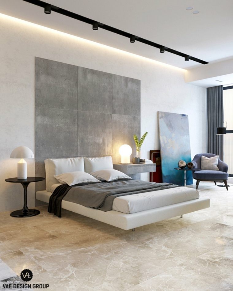 chambre à coucher couleur idée design lit tête de lit grise marbre sol