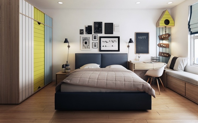 chambre à coucher couleur idée armoire bois déco mur cadres parquet bois