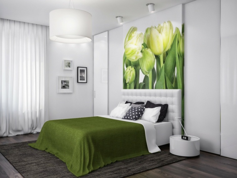 chambre vert et gris plafond haut tableau floral