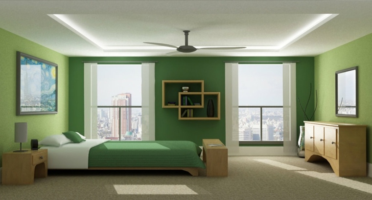 chambre verte commode bois plafond blanc