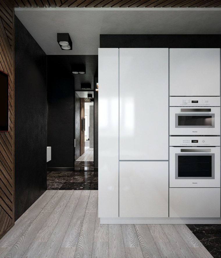 design intérieur cuisine armoires blanches parquet bois 