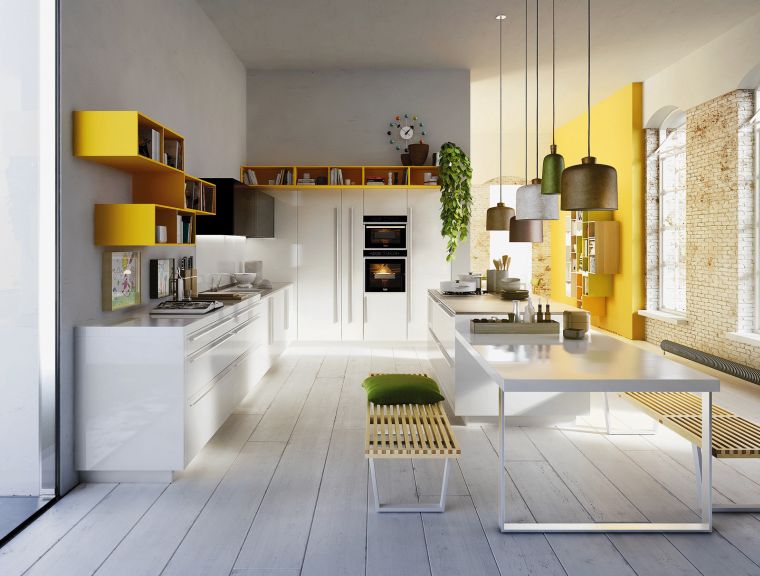 photo cuisine grise peinture idee meuble rangement ouvert jaune