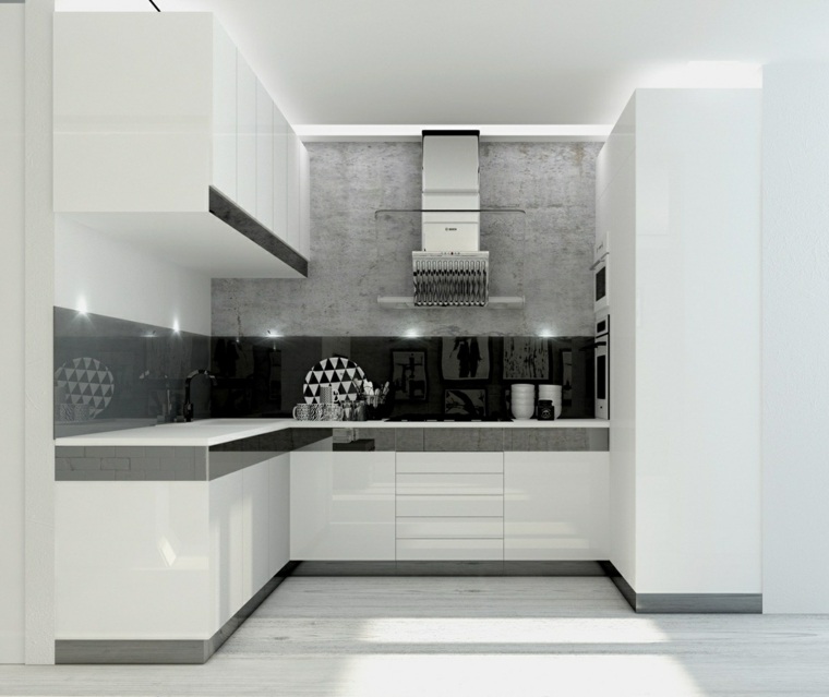 cuisine design moderne mur béton idée dosseret noir parquet blanc