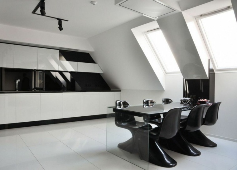 cuisine blanche et noire idée salle à manger design table verre