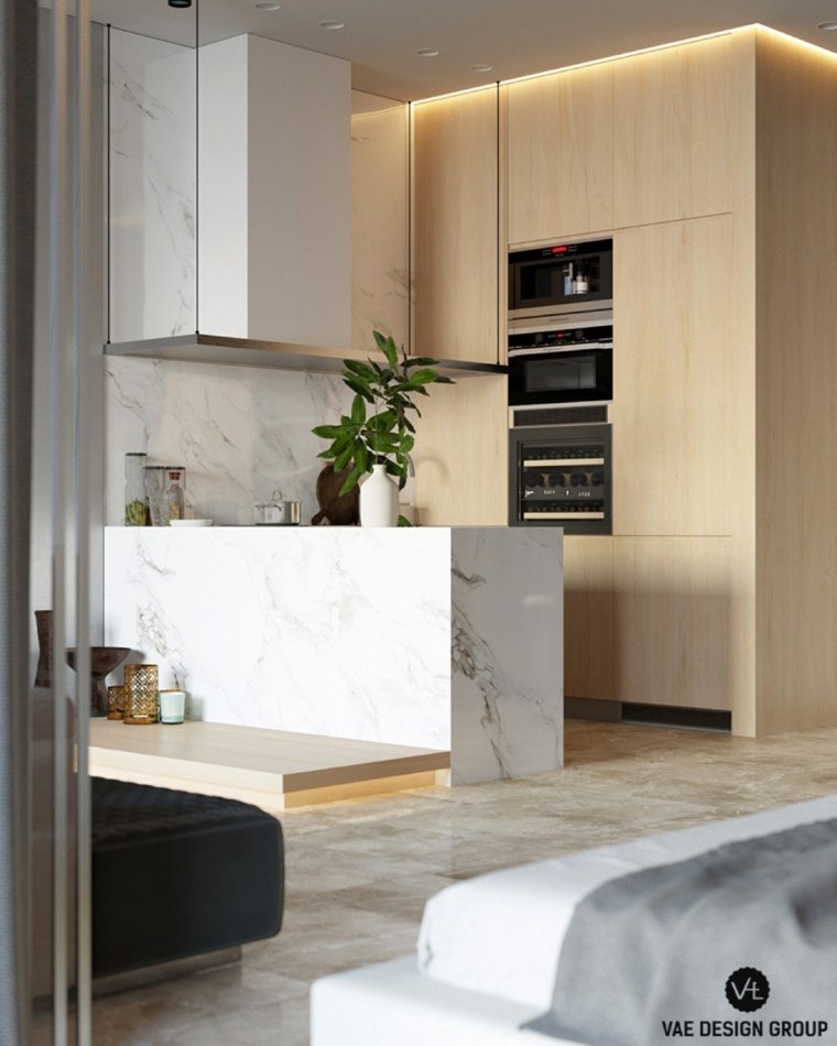 design intérieur ilot de cuisine marbre étagères bois