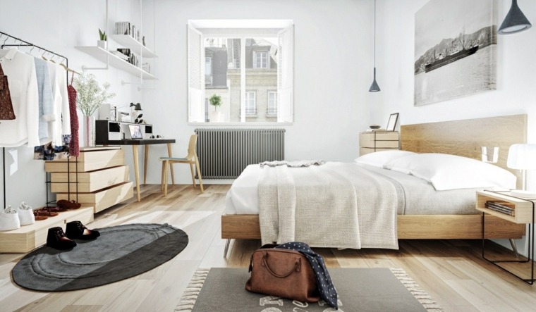 chambre à coucher moderne tapis de sol gris idée parquet bois luminaire tableau mur