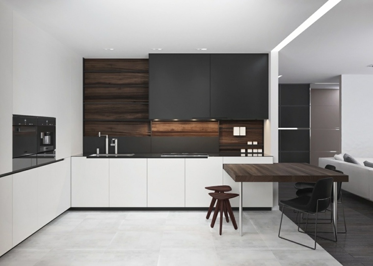 contemporain design cuisine moderne bois dosseret idée armoires de cuisines grises tabourets