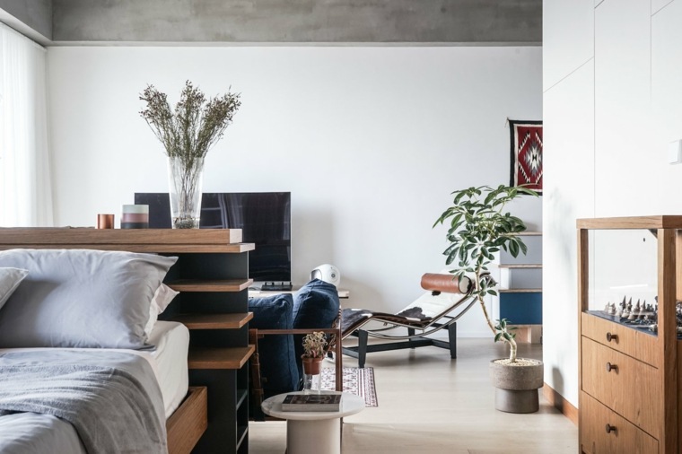 chambre idée petit appartement ouvert moderne lit cadre bois idée étagères
