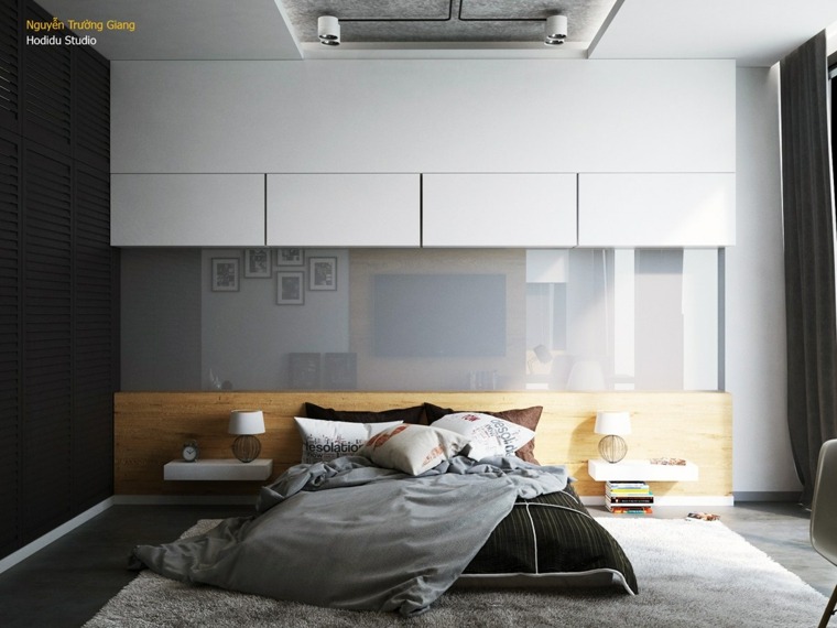 design chambre grise idée intérieur moderne lit cadre bois luminaires