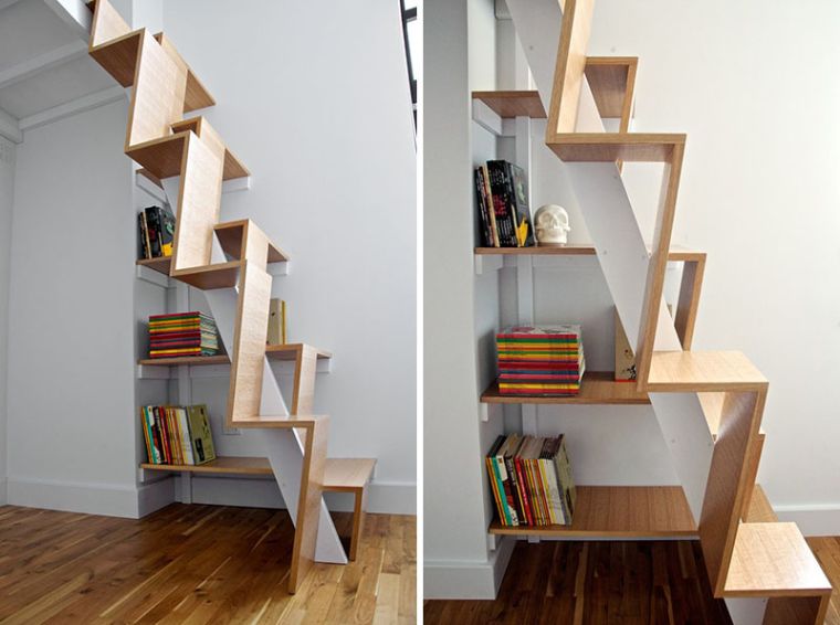 escalier gain de place etageres bois clair petite bibliotheque