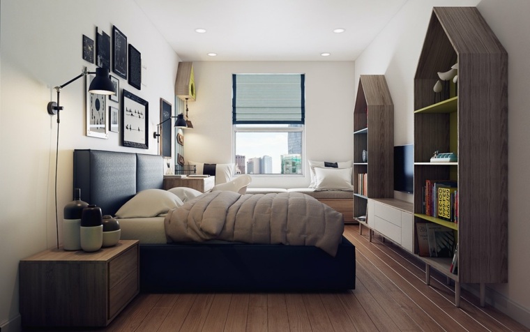 design intérieur idée chambre à coucher cadre étagères bois mur cadres déco