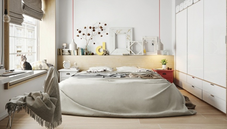 design idée intérieur moderne chambre à coucher cadre bois armoire blanche chaise