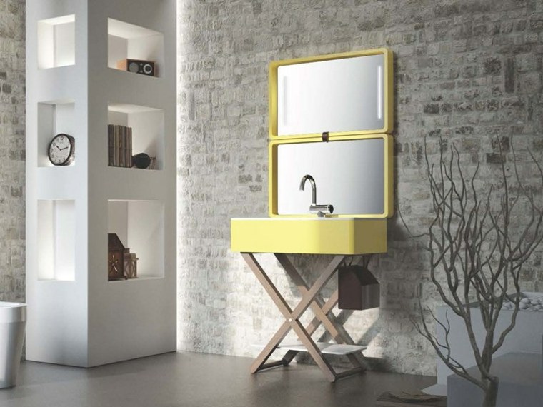 lavabo moderne design miroir rectangulaire mur brique salle de bains 