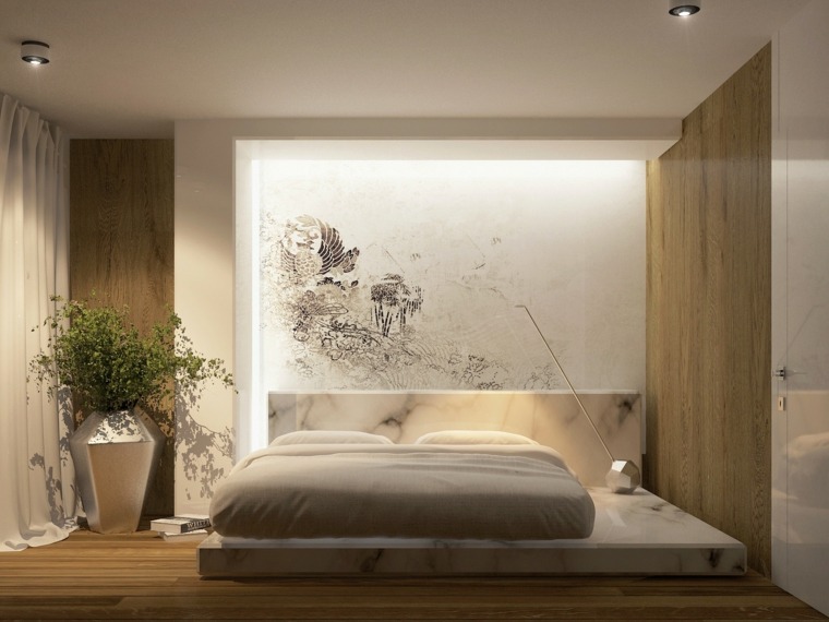 lit au sol chambre bois dessins muraux style japonais