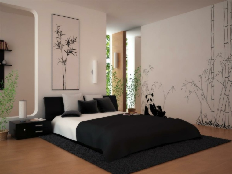 lit au sol chambre noir blanc déco style japonais