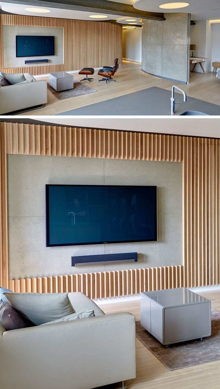 meuble télé idee support tv ecran plat meuble bois paremement mur bois