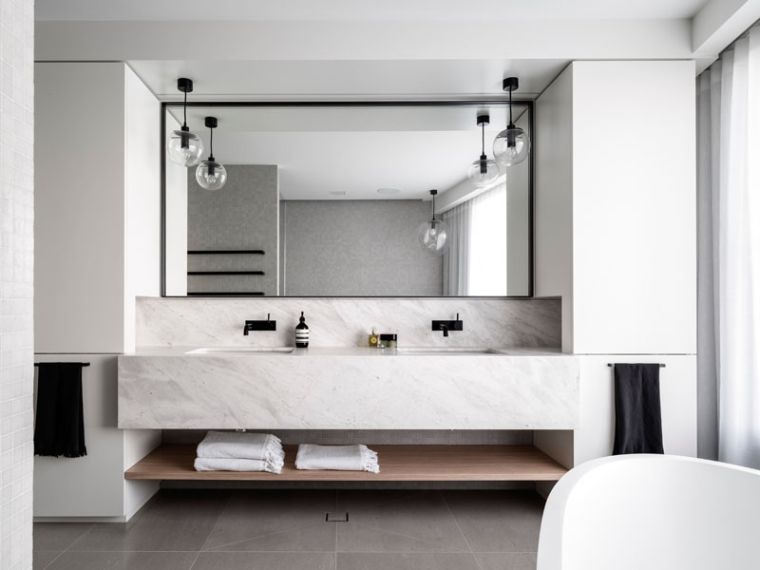 meuble sous vasque moderne salle de bain marbre decoration bois