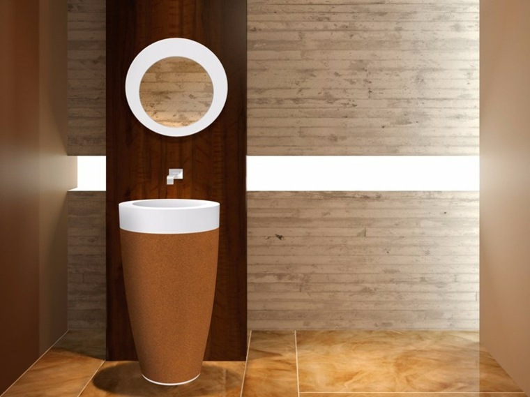 design salle de bains moderne idée lavabo miroir rond mur pierre