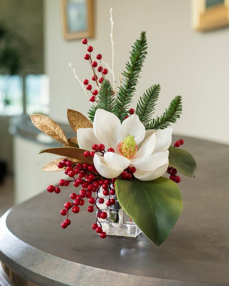 exemples de decoration de noel composition florale blanc vase en verre