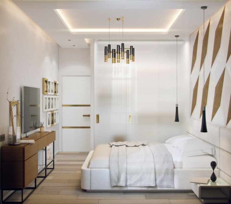 chambre à coucher design moderne mur blanc idée bois déco luminaire