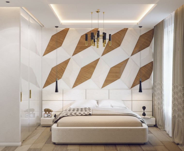 couleur chambre blanche idée mur bois luminaires suspension lit design parquet bois