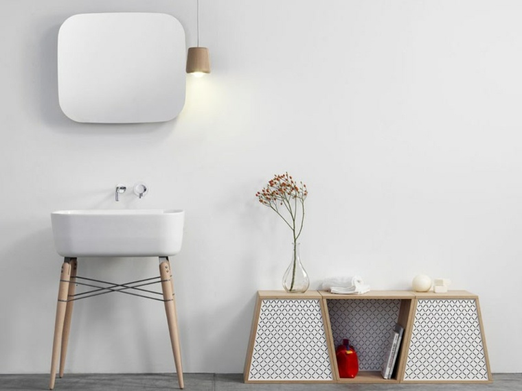 lavabo contemporain miroir carré luminaire salle de bain bois meuble