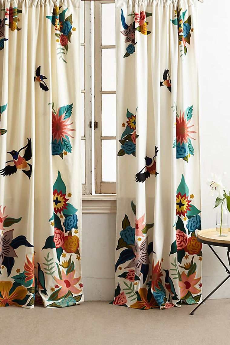 rideaux de fenetre interieur deco nature fleurs imprimé oiseaux