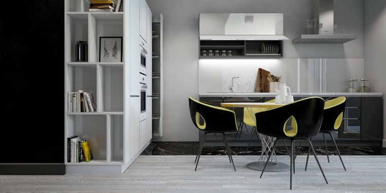 design intérieur moderne idée salle à manger table noire étagères blanches