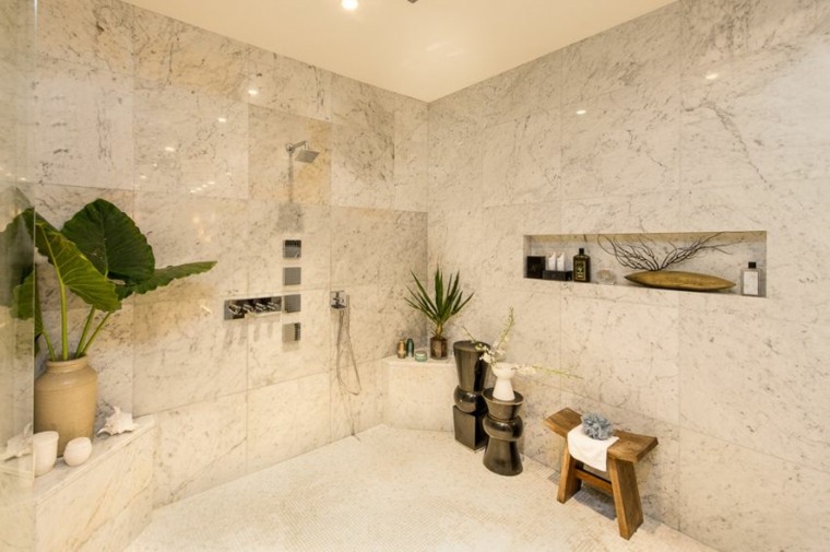 salle de bains design intérieur marbre déco plante idée cabine de douche