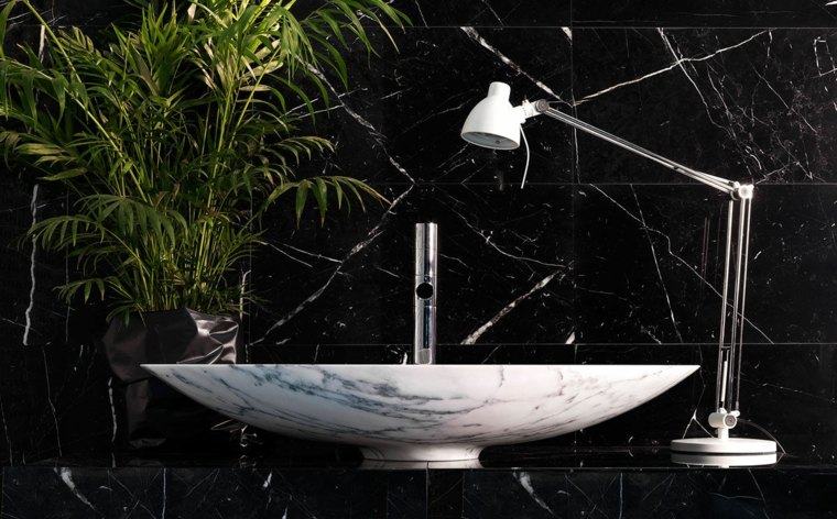 vasque en pierre naturelle design intérieur salle de bains moderne idée plante déco