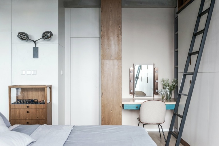 intérieur scandinave design chambre à coucher lit meuble bois luminaire bureau