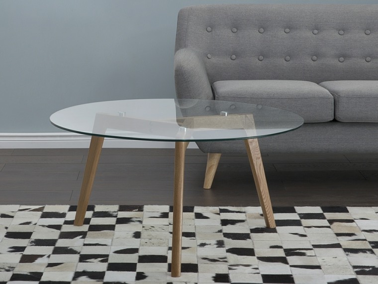 table en verre design table basse plateau rond pieds bois idee deco salle de sejour 