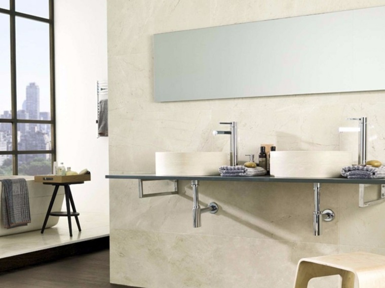 vasque à poser pierre naturelle design plan de travail miroir salle de bain rectnagulaire