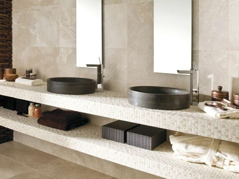 design intérieur vasque à poser pierre naturelle plan de travail miroir 
