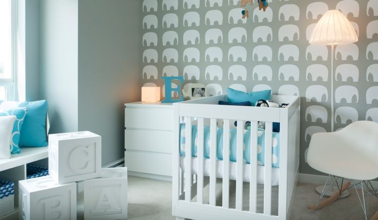 accessoire bébé chambre grise bleu canard blanc décoration scandinave