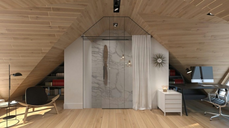 aménagement appartement sous comble salle de douche design moderne blanc et bois