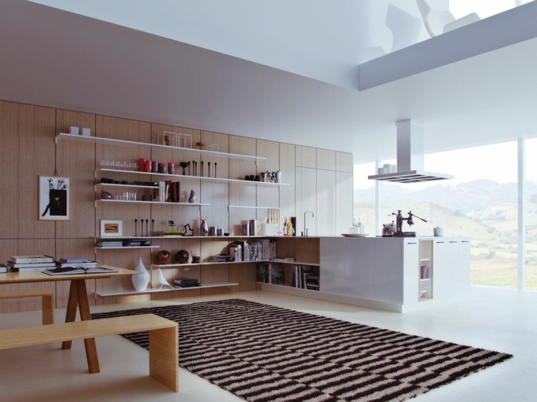 cuisine design moderne espace ouvert étagères bois tapis sol