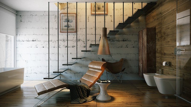 escalier design moderne fauteuil cuir intérieur industriel idées