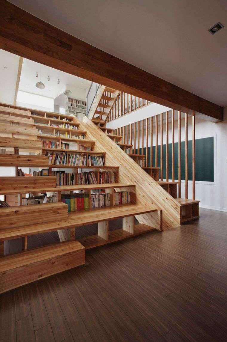 bibliotheques murales idee amenagement escalier bois interieur design contemporain