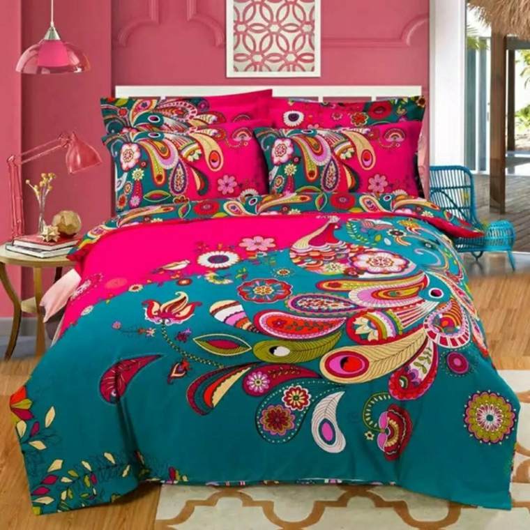 bleu canard combiné rose vert chambre à coucher