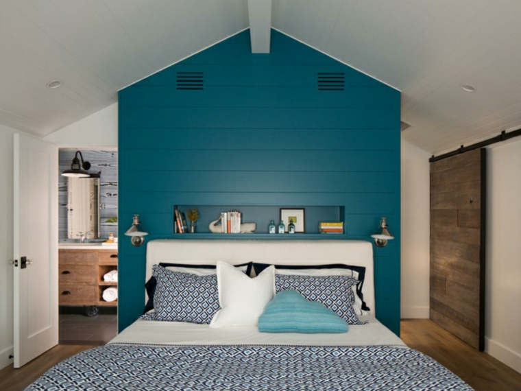 bleu canard mur bois chambre à coucher style tourisme écologique