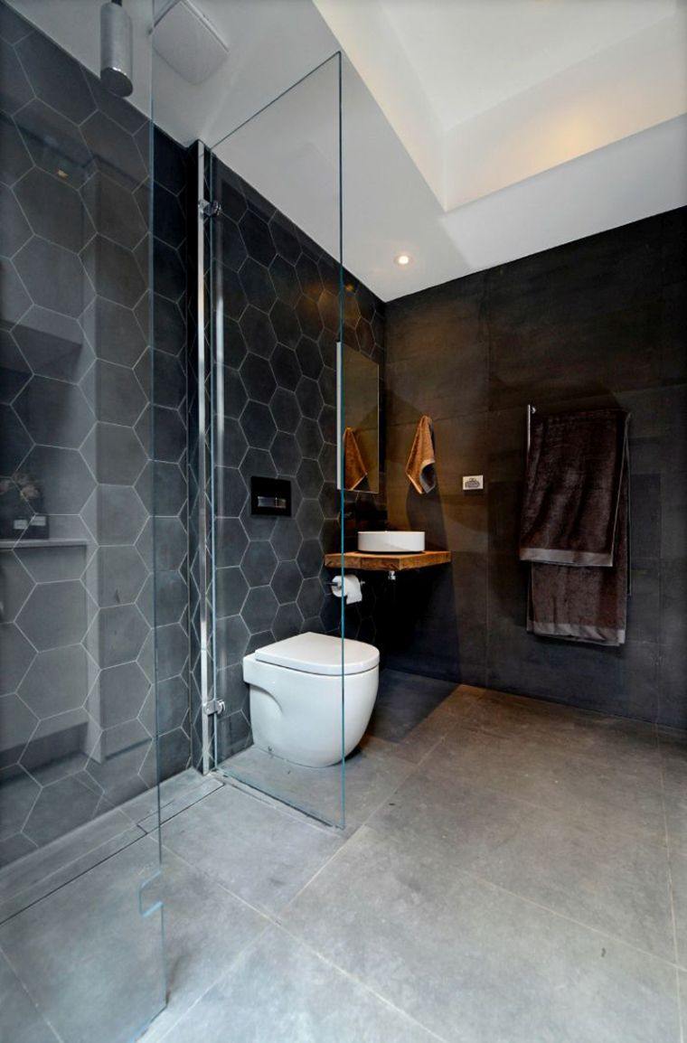 carrelage mural de salle de bains grise cabine douche verre