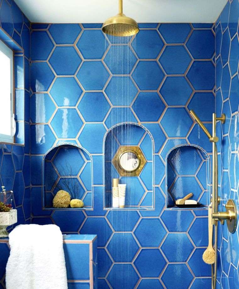carrelage hexagonal tomettes bleu cabine douche contemporaine