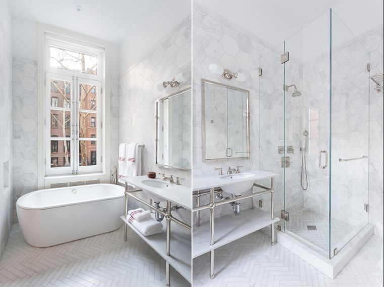 carrelage hexagonal marbre cabine douche salle de bain moderne