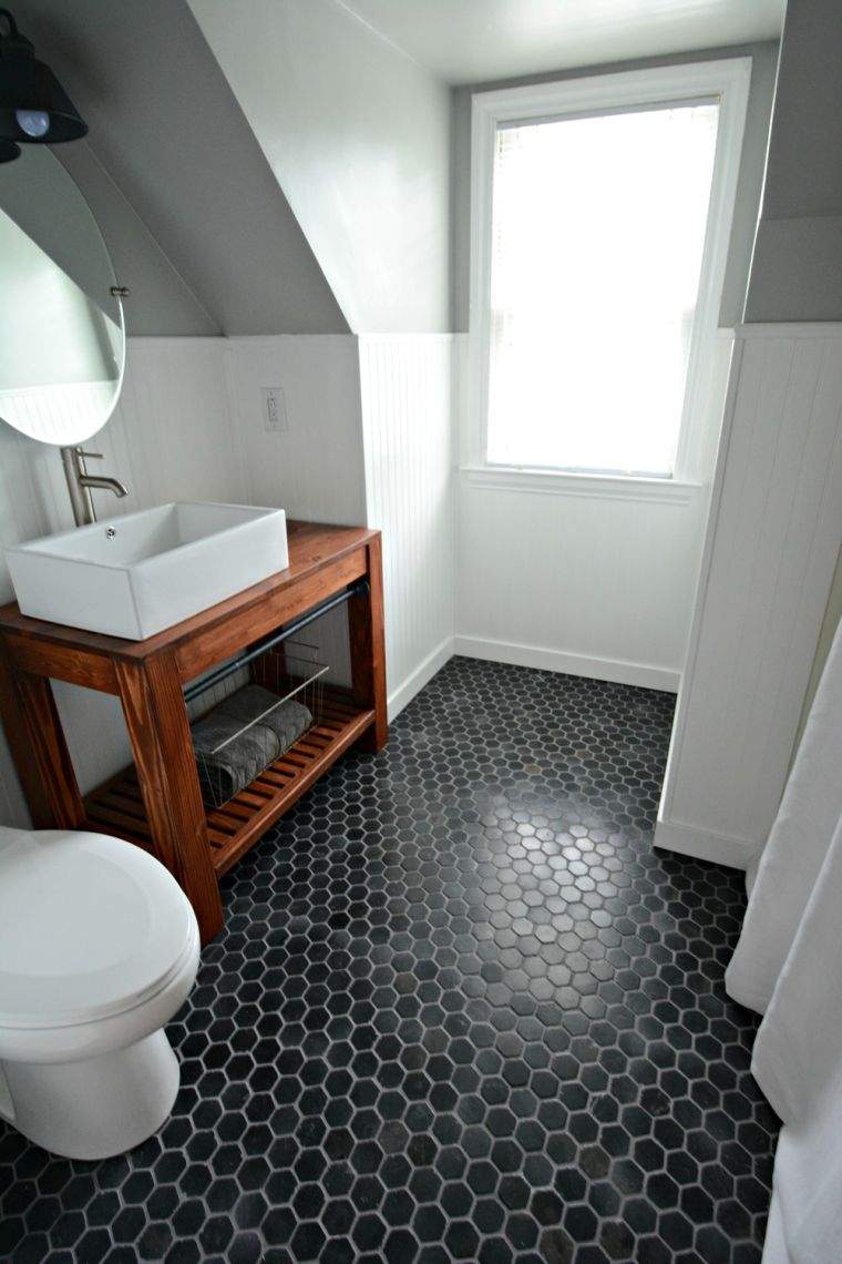 carrelage hexagonal sol couleur noire salle de bain blanche meuble vasque bois