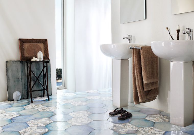 carrelage sol bleu marin carreau design salle de bain bord de mer moderne
