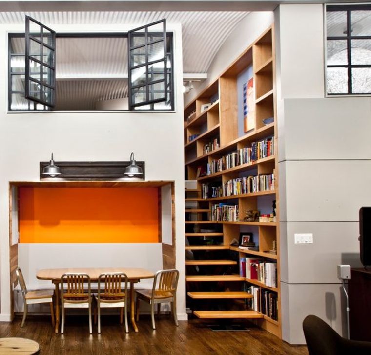 plan de bibliotheque bois idee escalier suspendu rangement bois