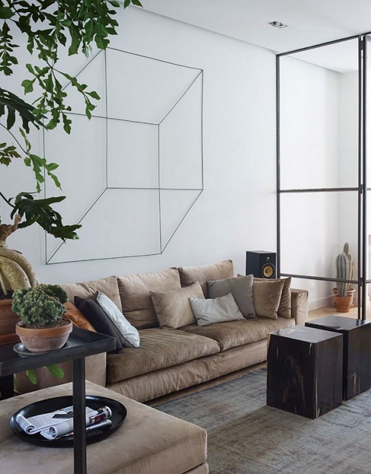 salon moderne intérieur canapé beige déco plante table basse bois tapis sol gris