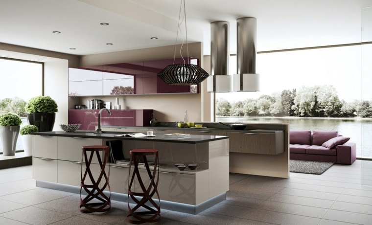 cuisine ouverte sur salon violet gris luminaire suspension tabourets ilot de cuisine