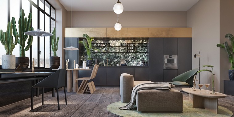 design intérieur moderne cuisine grise teintes neutres espace ouvert